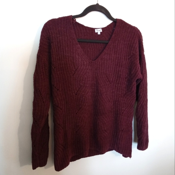 Maroon Chenille V-Neckline Pointelle Knit Sweater - Picture 2 of 9